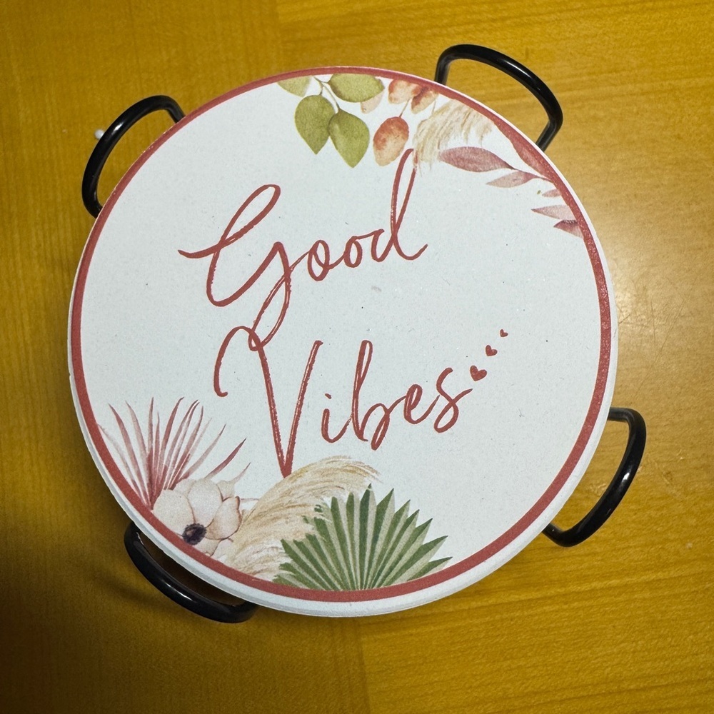 6 Boho ceramic coasters with holder